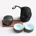 Black Pottery Travel Tea Set — Teapot with Two Cups & Carry Bag