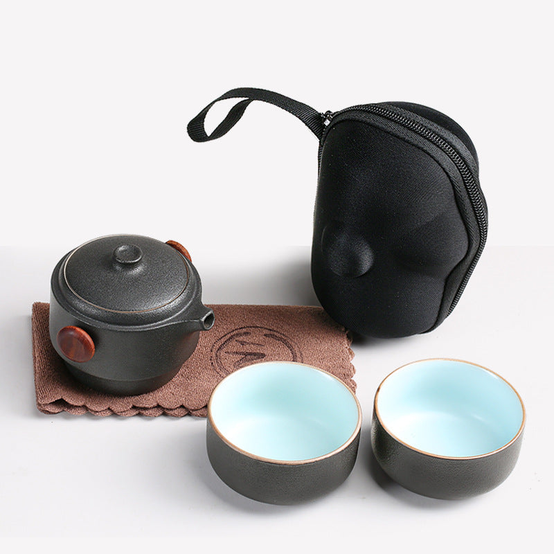 Black Pottery Travel Tea Set — Teapot with Two Cups & Carry Bag