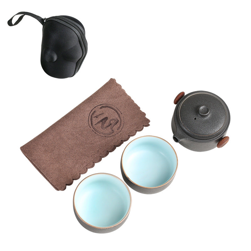 Black Pottery Travel Tea Set — Teapot with Two Cups & Carry Bag