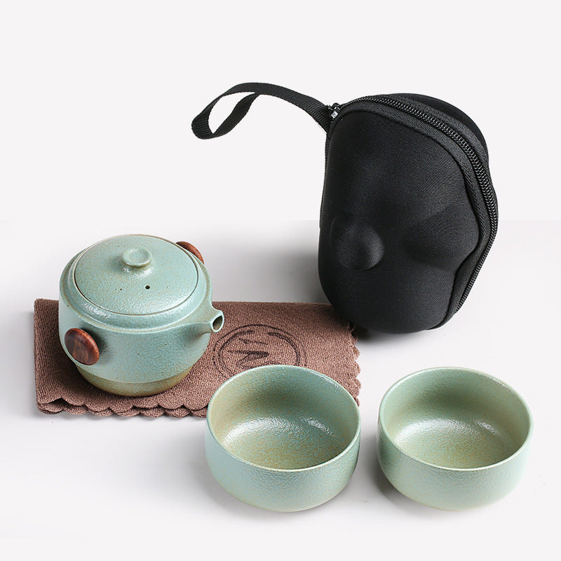 Black Pottery Travel Tea Set — Teapot with Two Cups & Carry Bag