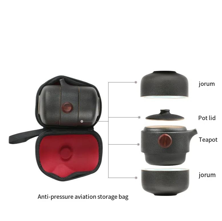 Black Pottery Travel Tea Set — Teapot with Two Cups & Carry Bag