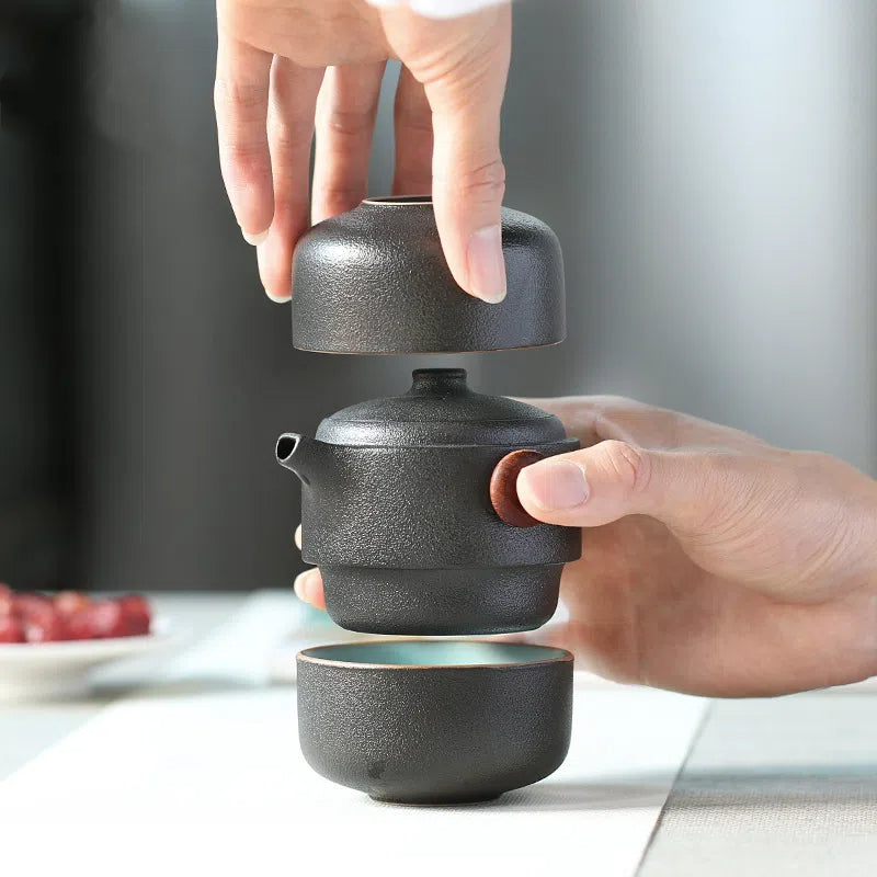 Black Pottery Travel Tea Set — Teapot with Two Cups & Carry Bag