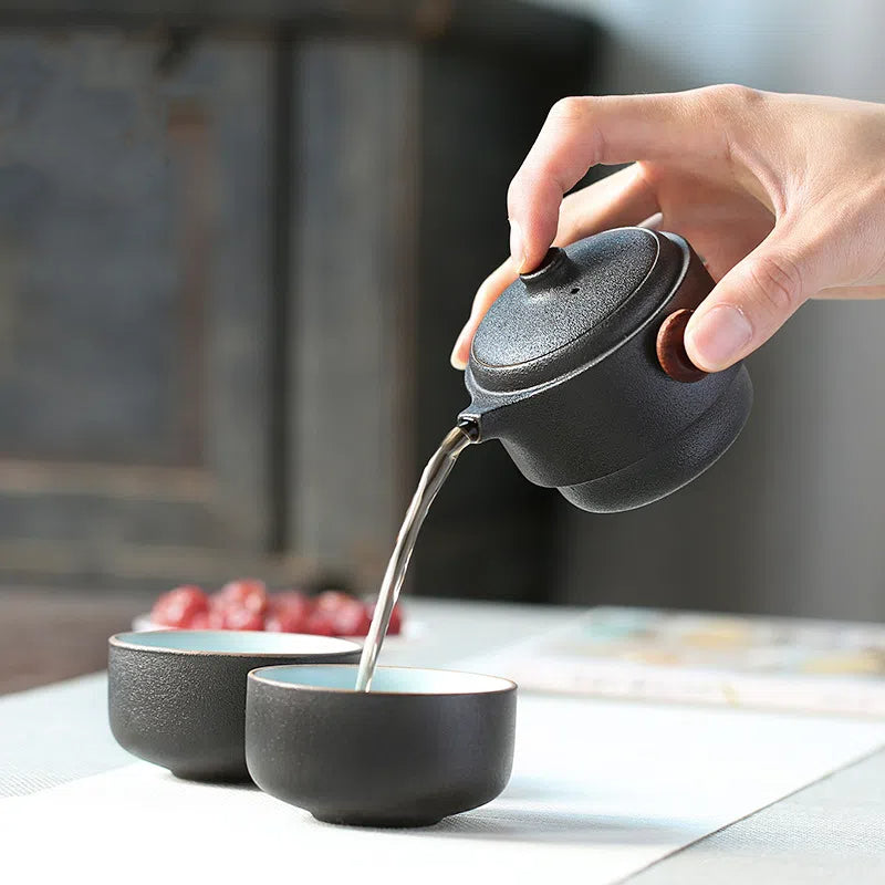 Black Pottery Travel Tea Set — Teapot with Two Cups & Carry Bag